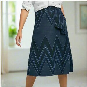 Anthropologie Skirt Womens 0 Blue A-Line Midi Cotton Linen Chevron Eva Franco